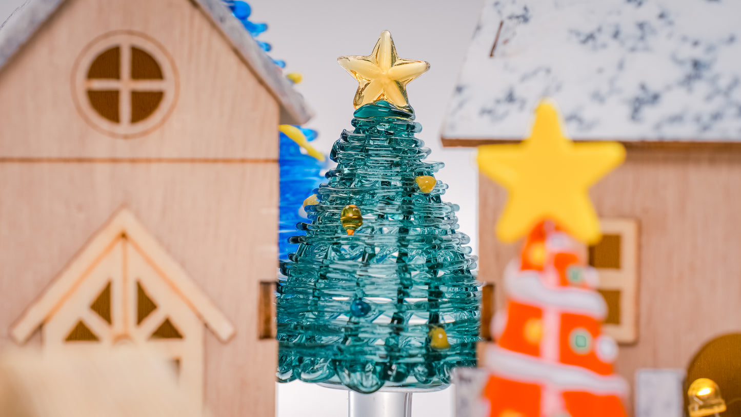 Handmade blue glass Christmas tree with base