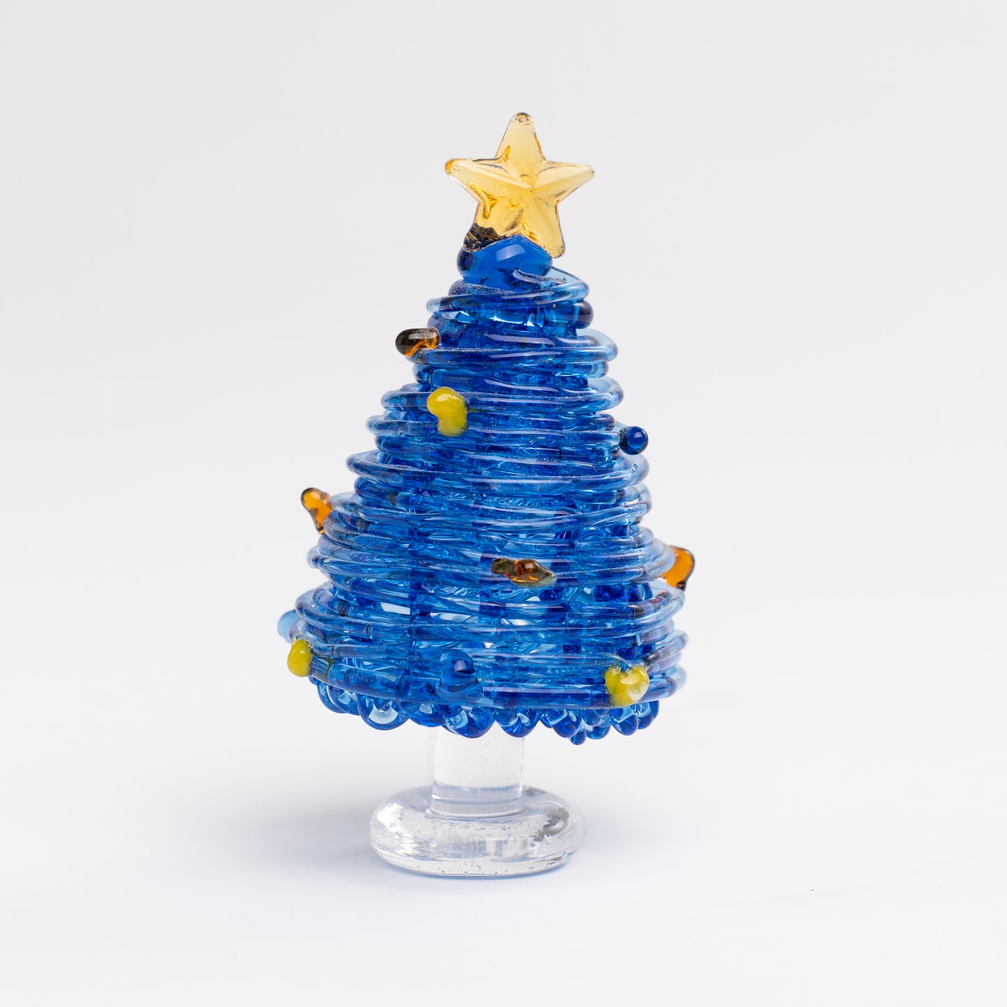 Handmade blue glass Christmas tree with base